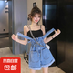 減齡氣質(zhì)設(shè)計(jì)感鹽系牛仔背帶短褲女2025夏季新款洋氣顯瘦連體褲子 藍(lán)色花苞牛仔背帶短褲單件 2XL