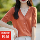 2025春夏新V領(lǐng)系扣短袖針織開(kāi)衫女純色重磅蠶絲羊毛氣質(zhì)小衫百搭 橘色 M