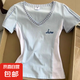 設(shè)計感撞色格子拼接V領(lǐng)棉質(zhì)短袖T恤女夏季新款甜辣風(fēng)修身顯瘦上衣 1048薄荷綠拼白色 L 【建議100-110斤】