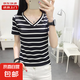 寬松顯瘦短袖T恤女夏裝遮肚子條紋v領(lǐng)上衣胖mm大碼打底衫KJY#331# KJY#331#黑條紋 XL 【115-125斤】