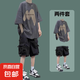 短袖t恤男夏季寬松薄款t恤男學生衣服搭配工裝短褲一套休閑套裝男 T375短袖灰色+K18短褲黑色 L 【建議105-120斤】