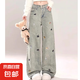 美式高街牛仔褲女大碼潮流設(shè)計感刺繡高腰顯瘦寬松直筒闊腿拖地褲 藍(lán)色 S
