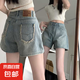美式高腰顯瘦闊腿牛仔短褲女夏季爆款設(shè)計(jì)感毛邊貼皮a字直筒熱褲 淺藍(lán)色 MY-5197】【 L