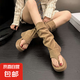 靴子女厚底增高堆堆靴女短靴潮夏季夏天卡其色人字夾趾涼靴長(zhǎng)筒靴 卡其色【升級(jí)蜂窩軟底】 37 標(biāo)準(zhǔn)碼
