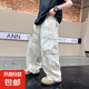男中大童春夏韓范直筒工裝褲2025新款兒童夏季薄款長褲男孩寬松褲 RWC-K233【米白】 130