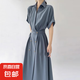 顯瘦時尚收腰中長裙法式復(fù)古收腰顯瘦連衣裙6866 藍色 M 【100-110斤】