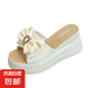 高跟拖鞋女夏厚底外穿時尚仙女風(fēng)坡跟一字拖百搭蝴蝶結(jié)松糕涼拖鞋 米白色 36
