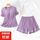 2025年新款帶胸墊睡衣女夏短袖短褲爆款網(wǎng)紅風家居服V領可外穿女 紫色【帶胸墊雙短家居服】 2XL 【身高170-175】