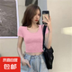 純欲風(fēng)大圓領(lǐng)短款t恤女夏季設(shè)計(jì)感小眾辣妹緊身上衣露臍裝短袖t恤 炫本色大圓領(lǐng)短T粉色 XL