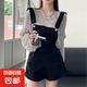 減齡氣質(zhì)設(shè)計感牛仔背帶短褲女夏季薄款大碼韓版寬松小個子連體褲 黑色牛仔背帶短褲單件 S碼（建議80-95斤）