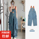 減齡氣質潑墨刺繡牛仔背帶褲女秋冬新款大碼設計感洋氣顯瘦連體褲 藍色潑墨牛仔背帶褲單件 S碼（建議80-95斤）