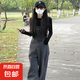 減齡氣質(zhì)高級(jí)感復(fù)古開叉牛仔背帶褲女秋冬大碼設(shè)計(jì)感寬松拖地長(zhǎng)褲 黑灰色開叉背帶褲單款 S碼（建議80-95斤）