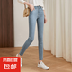 復古高腰牛仔褲女時尚煙管褲顯瘦修身小腳褲休閑緊身鉛筆褲J879 淺藍色 L（110-120斤）