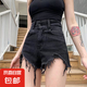 流蘇破洞牛仔短褲女寬松夏季大碼胖mm高腰韓版顯瘦a字闊腿熱褲子 黑灰色 S