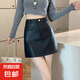 大碼女裝口袋設(shè)計(jì)皮裙女秋冬新款包臀裙PU皮裙高腰A字裙短裙 黑色481 L