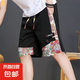 夏季新款中國(guó)風(fēng)短褲男士寬松休閑五分褲復(fù)古印花褲子男 黑色 2XL 【建議130-150斤左右】