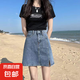 高腰牛仔短裙女夏季薄款新款a字小個(gè)子褲裙包臀裙半身裙子 淺藍(lán)色開叉牛仔裙 L建議109-118斤左右