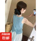 設(shè)計感后背扣子冰麻背心2025夏季新款韓版百搭休閑無袖上衣女 藍色 均碼 【建議80-120斤穿】
