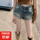 【美式復(fù)古】大碼牛仔短褲女春夏新款高腰修身顯瘦做舊a字熱褲子 壹站525圖片色 S （80-90斤）