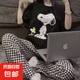 慵懶格子印花闊腿褲女休閑夏季薄款睡褲遛彎褲寬松直筒家居褲長褲 黑色 均碼 【80-140斤】