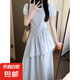 韓系溫柔風(fēng)藍(lán)色泡泡袖連衣裙女夏季2025新款抽繩收腰中長款蛋糕裙 淺藍(lán)色 XL