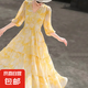 【有里布】2025新款夏季高端氣質V領黃色印花度假連衣裙女D1544 黃色 S 【100斤以下】