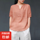 純色文藝復(fù)古V領(lǐng)短袖棉麻襯衫女媽媽裝寬松顯瘦休閑襯衣夏季上衣 611-橘色 2XL 建議135-150斤