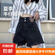【破洞】牛仔短褲女夏季新款ins潮大碼毛邊高腰a字闊腿褲 黑色 L建議105-118斤