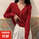 針織開衫外套女短款寬松毛衣外搭小衫長袖V領(lǐng)打底衫春秋洋氣上衣 磚紅 M 95-105斤