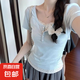 【美式純欲】新款碎花假兩件夏季辣妹風(fēng)顯瘦修身小眾短袖T恤 藍(lán)色 M 建議85-100斤