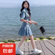 減齡氣質(zhì)短款外套牛仔套裝女2025夏季薄款大碼上衣短裙兩件套胖mm 藍(lán)色牛仔外套短裙兩件套(配領(lǐng)帶腰帶) S
