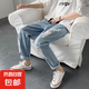 美式街頭水洗做舊破洞牛仔褲男春秋直筒寬松歐美高街vibe風(fēng)九分褲 藍(lán)色 XL