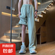 夏季薄新款美式條紋褲子運(yùn)動(dòng)褲直筒潮牌寬松闊腿休閑青少年長(zhǎng)褲 綠色 M