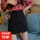 高腰牛仔短裙女夏季新款大碼胖mm韓版高腰小個子包臀a字半身裙子 黑色 L【109-118斤】