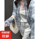 韓系純棉格子襯衫女2025夏新款寬松慵懶風(fēng)長(zhǎng)袖襯衣外套休閑上衣 藍(lán)格子 XL 建議115-130斤