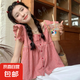 黑白格子鎖骨方領(lǐng)襯衫女夏設(shè)計感小眾甜美荷葉邊娃娃衫小飛袖上衣 紅色 均碼 建議85-135斤