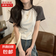 設(shè)計感撞色插肩短袖T恤女夏小個子修身顯瘦短款百搭上衣KJY#A013# A013#米灰色 M 【92斤以下】