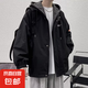 外套男春秋冬季潮流韓版寬松休閑衣服男裝潮牌假兩件工裝連帽夾克 8820黑色 3XL 170-185/180斤左右