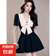 高級(jí)感蝴蝶結(jié)翻領(lǐng)黑色連衣裙女2025新款夏季收腰拼色小禮服D2589 黑色 2XL 【130-145斤】