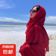 披肩圍巾女防曬包頭巾沙漠埃及迪拜海邊旅游拍照棉麻紗巾沙灘絲巾 披肩絲巾【包邊酒紅】140*180CM