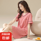 【柔軟】夏季莫代爾睡裙女士短袖薄款V領(lǐng)感中長(zhǎng)裙女家居服 磚紅 M