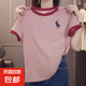 2025新款大碼顯瘦條紋夏季百搭短袖休閑運(yùn)動(dòng)女士圓領(lǐng)T恤打底衫潮 紅色 2XL 【建議120-130斤】