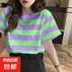 夏季百搭圓領(lǐng)條紋短袖t恤女裝新款寬松上衣休閑彈力學(xué)生體恤衫ins 紫條 L【建議100-125斤】