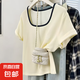 法式方領(lǐng)拼接正肩短袖t恤女夏季新款小眾設(shè)計(jì)撞色感顯瘦百搭體恤 R283-杏色 XL 建議115-130斤