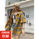 復古黃色格子短袖襯衫女夏中長款寬松bf慵懶風休閑襯衣設(shè)計感小眾 黃色格子 L