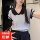 夏季新款短袖冰絲針織衫女設(shè)計(jì)感小眾T恤撞色V領(lǐng)短款飛飛袖上衣XC 24灰色 均碼