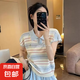 撞色條紋polo翻領(lǐng)小飛袖短袖T恤女夏季獨(dú)特漂亮chic甜辣上衣BYNT 淺藍(lán)白拼色 均碼