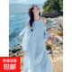 淺藍海邊度假連衣裙女2025春夏新款今年流行漂亮甜美露肩仙女裙子 藍色 XL
