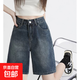 牛仔短褲女夏季素版新款寬松顯瘦直筒高腰褲子百搭時尚小個子薄款 復古藍 （150-175cm） XL （121-130斤）