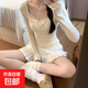 春秋美式純欲辣美新款碎花假兩件上衣女長(cháng)袖修身顯瘦別致小眾T恤 杏色 M 建議90-105斤